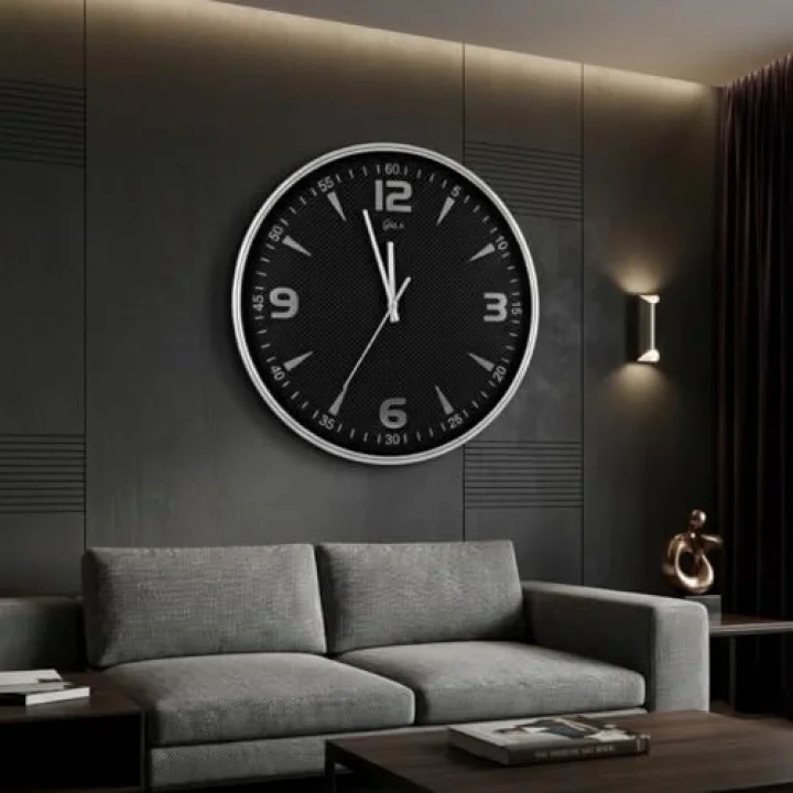 Yuvarlak Duvar Saati, Siyah, Gümüş Çerçeve, 41 cm, Modern Tasarım, Salon için