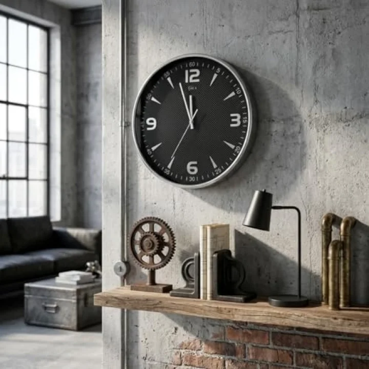 Yuvarlak Duvar Saati, Siyah, Gümüş Çerçeve, 41 cm, Modern Tasarım, Salon için