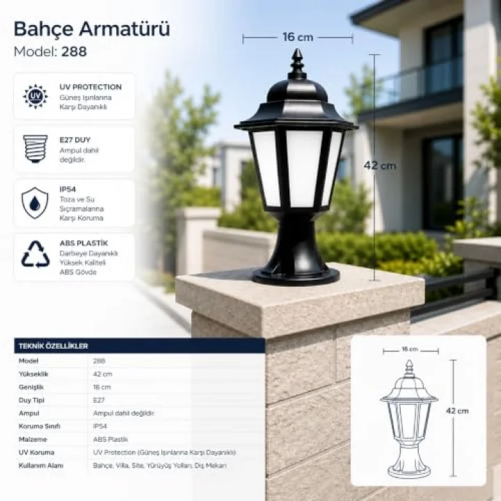 ZİTA Klas Set Üstü Bahçe Aydınlatma | 42 cm Siyah Dış Mekan Aplik Yol Lambası | IP54 E27 Duylu Direk Tipi Bahçe Lambası (1 Adet)