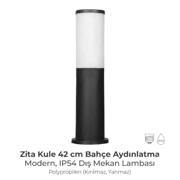 Zita Kule 42 cm Set Üstü Bahçe Aydınlatma Direği - IP54 Dış Mekan Bahçe Lambası, E27 Duy, Siyah Yanmaz Kırılmaz Gövde (Ampul Hariç)
