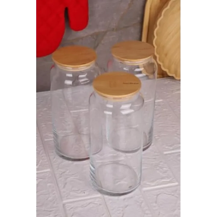 Zone - 3lü Cam Saklama Kabı 1300ml Vakumlu Bambu Kapaklı