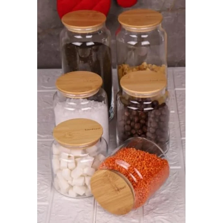 Zone - 6lı Cam Saklama Kabı 600ml-800ml-1300ml Vakumlu Bambu Kapaklı