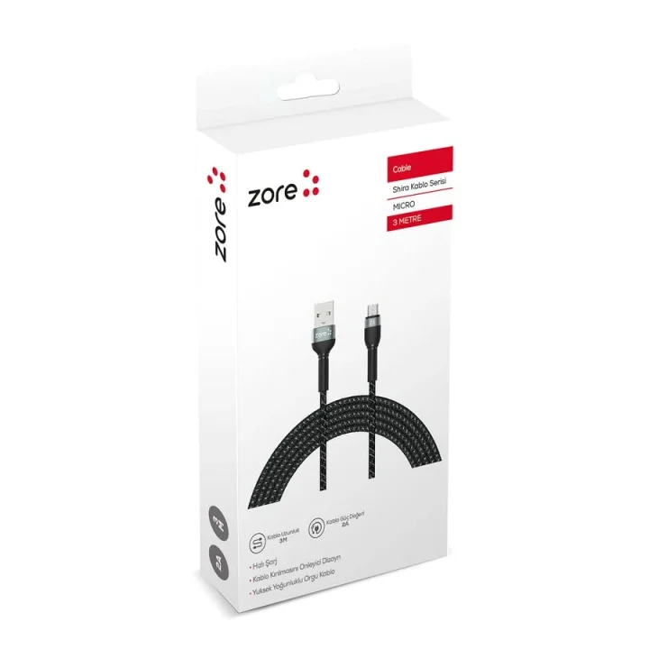 Zore Shira Serisi Micro USB Kablo 3m Siyah