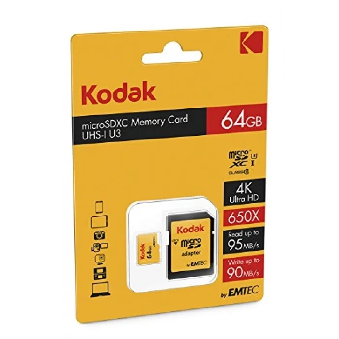KODAK Adaptörlü 64GB UHS-I U3 V30 A1 Ekstra Performans microSD