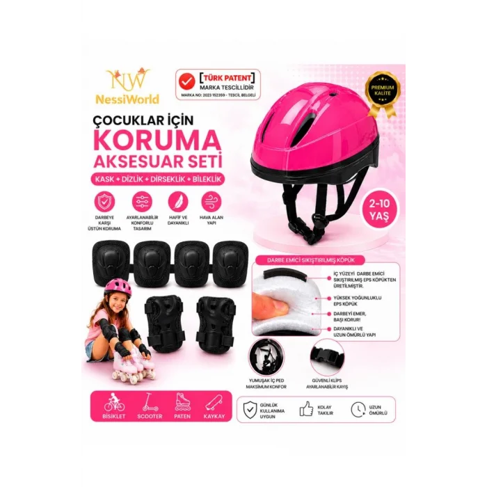 Mey İthalat® Çocuk Kaskı Ve Dizlik, Dirseklik Eldiven Set Pembe/siyah