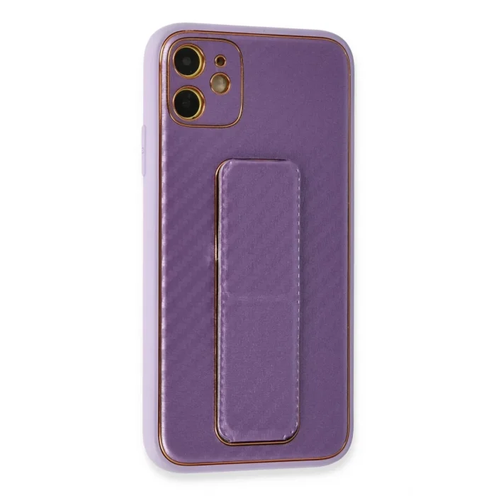 Mey İthalat®   iPhone 12 Kılıf Coco Karbon Standlı Kapak - Mor