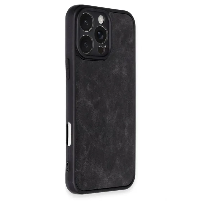 Mey İthalat®   iPhone 16 Pro Kılıf Aras Deri Kapak - Siyah