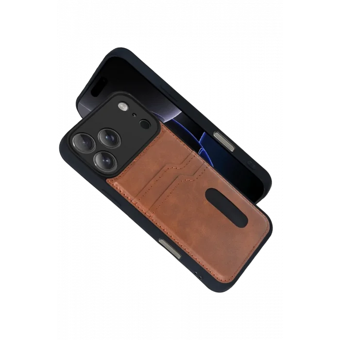 Mey İthalat®   iPhone 17 Pro Max Sara Kartvizitli Deri Kılıf - Taba