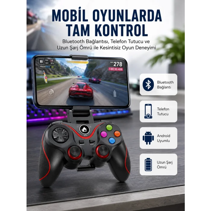 Mey İthalat® Kablosuz Oyun Kolu Bluetooth Joystick Gamepad Android Uyumlu