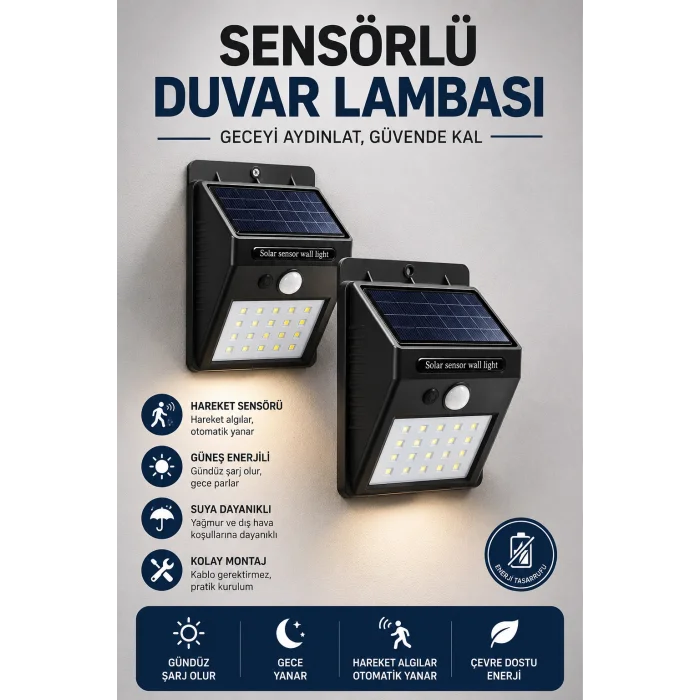 Mey İthalat® Solar Sensörlü Duvar Lambası Bahçe Lamba 20 Led Işık