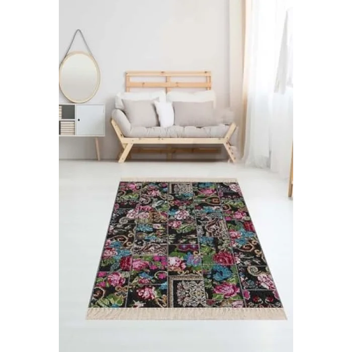 Pelangi Patchwork Gül Desenli Halı, Siyah-Mavi 80 x 400