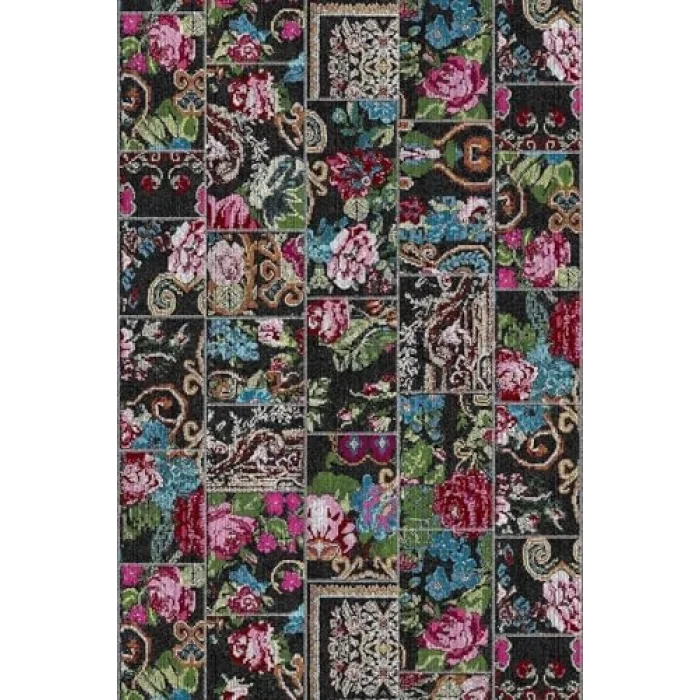 Pelangi Patchwork Gül Desenli Halı, Siyah-Mavi 80 x 400