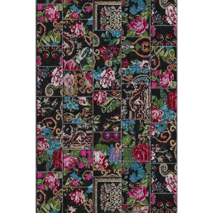 Pelangi Patchwork Gül Desenli Halı, Siyah-Mavi 80 x 400