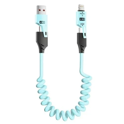 0860 USB Type-C Lightning 4ü 1 Arada 65W PD Hızlı Şarj Data Kablosu 1.5m Spiral Çevirici Akıllı Hibrit Bağlantı (4-in-1)