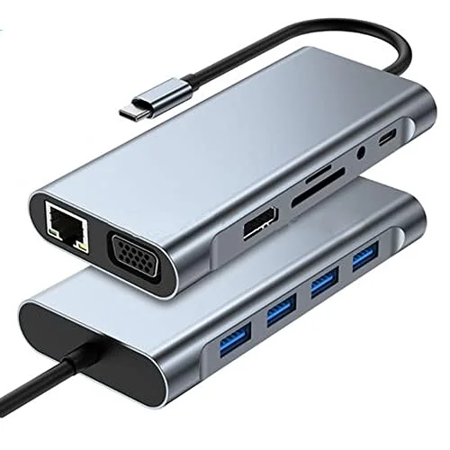 11 in 1 Type-C To USB Hub HDMI (4K),Audio/, Type-C/, 4X USB 3.0/, LAN/, VGA/, SD Card Reader Çevirici Hub 10 Port Adaptör Dönüştürücü Çoklayıcı