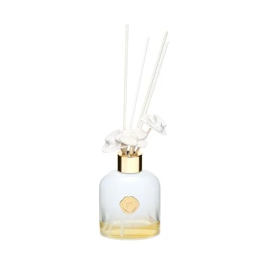 130 ml Beyaz Cam Şişe Seramik Çiçek Taşlı Bambu Çubuklu White Jasmine Oda Kokusu
