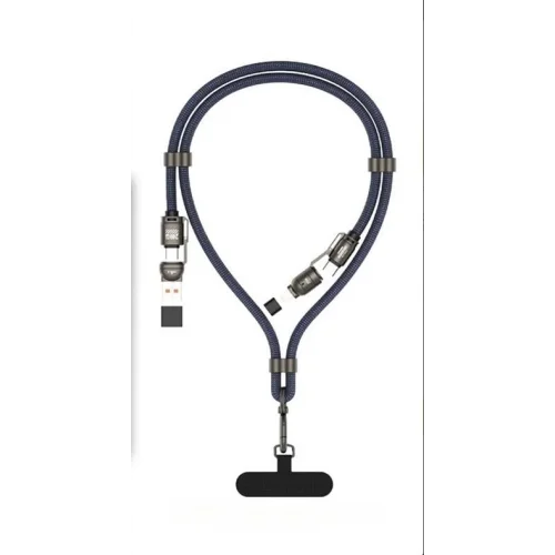 2 in 2 USB-A, Type-C to Type-C, Lighting ile Uyumlu Boyun Askılı Turbo Şarj ve Data Kablosu Lacivert 1.5m MT2515L