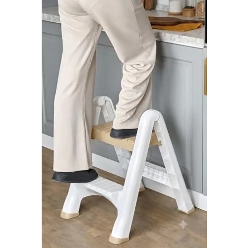 2 Katlı Katlanır Merdiven Tabure, Kaydırmaz Tabanlı, 200 kg Kapasiteli (KREM)