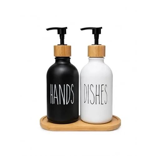 2’li Hands & Dishes Siyah Beyaz Cam Sabunluk Seti – Modern Minimalist Tasarım, 500 ml Kapasiteli, Bambu Standlı Dekoratif Mutfak & Banyo Sıvı Sabunluk Dispenser Seti