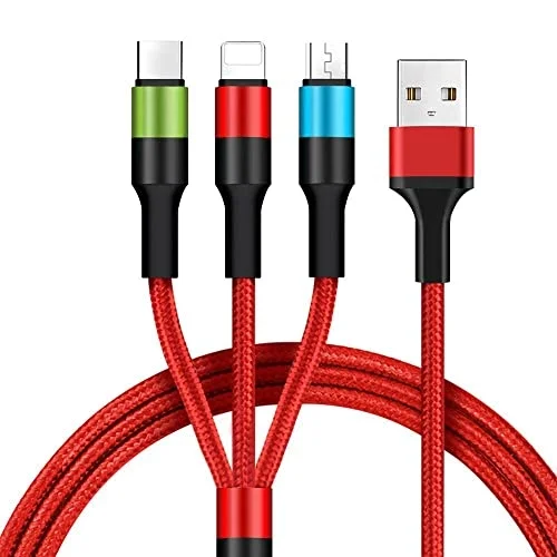 3 in 1 Hızlı Şarj Kablosu, Örgülü 1.2m Kırmızı, Lightning, Type-C, Micro USB, 3A Güçlü Dayanıklı Kablo, iOS ve Android Uyumlu