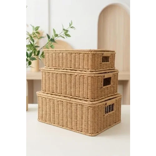 3lü Kapaklı Hasır Rattan Organizer Sepet - BB6065