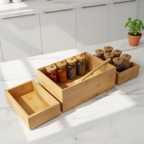 3lü Modüler Bambu Organizer Set - Üst Üste Geçebilen Çok Amaçlı Çekmece İçi ve Masaüstü Düzenleyici Kutu - Banyo, Mutfak ve Ofis İçin Ahşap Saklama Seti