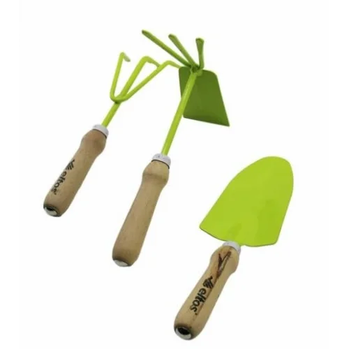 3 Parça Bahçe Hobi Seti, Renkli Metal, Çift Başlı Çapa, 3 Dişli Tırmık, Kürek, Ahşap Saplı, Plastik Malzeme, 450g