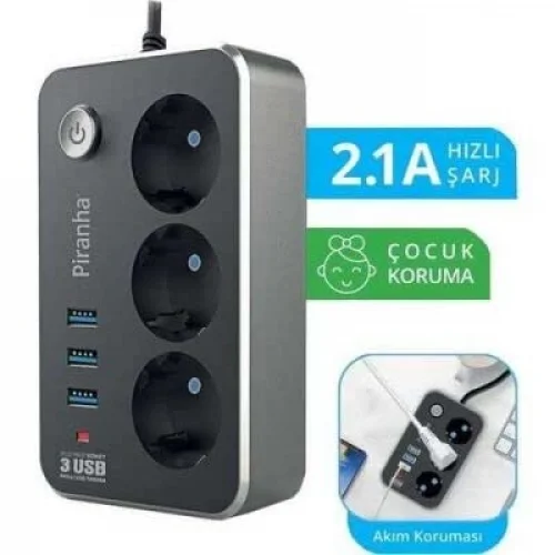 3396 3LÜ PRİZ 3 USB GİRİŞLİ 2MT. AKIM KORUMALI