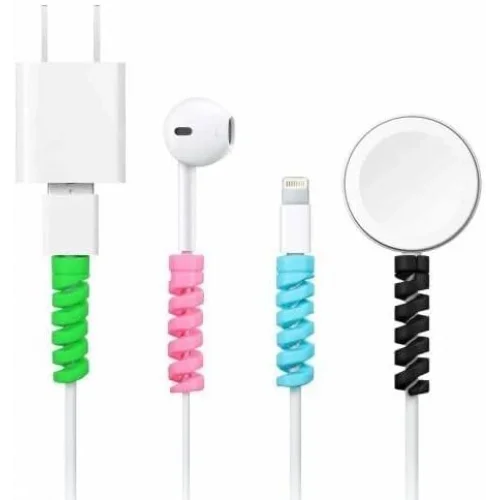 4 Adet Spiral Esnek Silikon Kablo Koruyucu iPhone - Micro USB ve TYPE-C ve Diğer Tüm Kablolar İçin Uygun Kablo Koruyucu 4 Farklı Renk