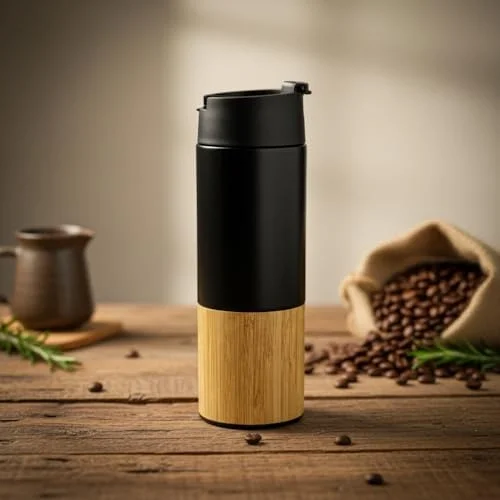 450 ml Bambu Kaplamalı Çelik Termos - Sıcak ve Soğuk Tutucu Sızdırmaz Mat Siyah Kahve Termosu