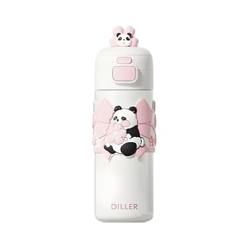 480ml Sevimli Hayvanlar Süslü Pipetli/Pipetsiz El Askılı Paslanmaz Çelik Termos (Pembe Panda)