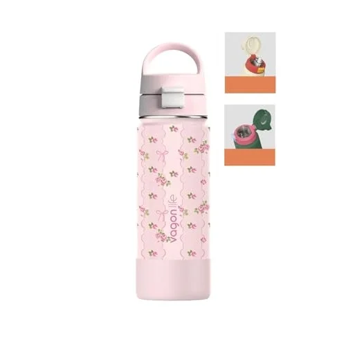 550 ML Desenli Tek Kapak Çift Kullanım Pipetli Rahat İçim Kulplu Paslanmaz Çelik Termos 1109-550ML Pembe