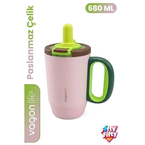 680 ML Tek Kapak Çift Kullanım Pipetli Rahat İçim Kulplu Paslanmaz Çelik Termos Mug FFVGN1113-680ML Pembe