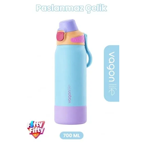 700 ML Tek Kapak Çift Kullanım Pipetli Rahat İçim Kulplu Paslanmaz Çelik Termos FFVGN1112-700ML Mavi