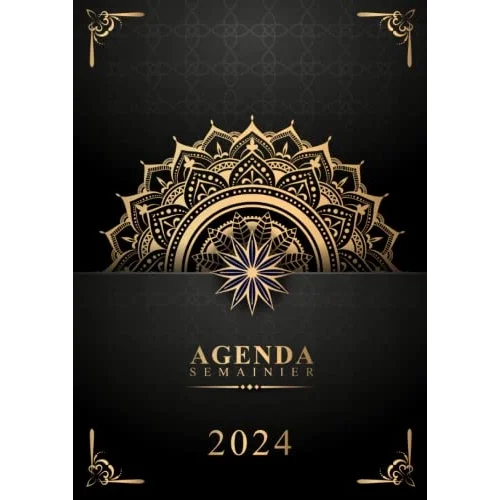 Agenda 2024: Semainier 1 semaine sur 2 page,12 mois de Janvier à Décembre, Grand format A4 (Couverture avec Motif Mandala Noir Dorée)