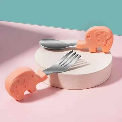 Bebek Filli Yemek Kısa Saplı Çocuk Paslanmaz Çelik Çatal Kaşık Pembe