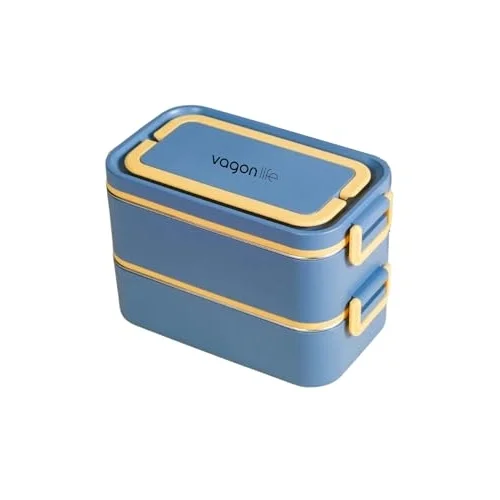 Bento 2000ml Lunchbox 2 Katlı 3 Bölmeli Mini Kaseli Çelik Sefer Tası Yemek Kutusu (Lacivert-Sarı)
