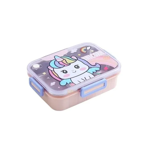 Bento 750ml Lunchbox Sevimli Dostlar Tek Katlı 3 Bölmeli Paslanmaz Çelik Sefer Tası Yemek Kutusu (Pembe Unicorn)