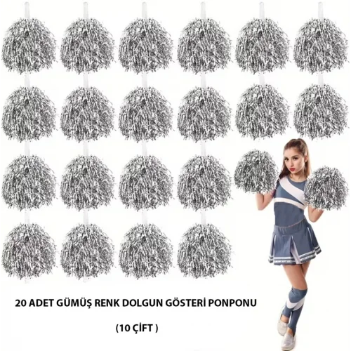 Mey İthalat® 10 Çift ( 20 Adet ) Gümüş Renk 23 Nisan 19 Mayıs 29 Ekim Okul Gösteri Ponponları