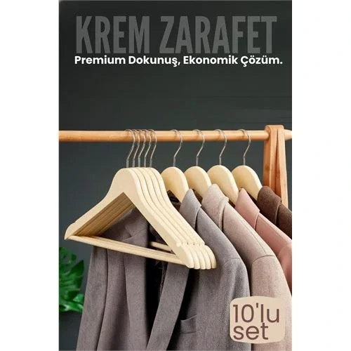Mey İthalat® 10lu Lüks Krem Elbise Ceket Askısı - Ergonomik & Kaymaz Plastik Askı Seti -  Ahşap Görünümlü