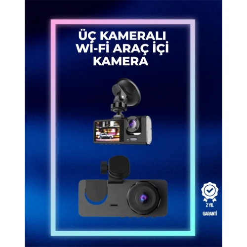 Mey İthalat® 1080p Ön + 720p Arka & İç Kamera – Suya Dayanıklı Araç Güvenlik Kamerası