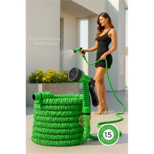 Mey İthalat® 15 Metre Premium Uzayabilen Bahçe Hortumu - 7 Fonksiyonlu Başlık ve Esnek Tasarım