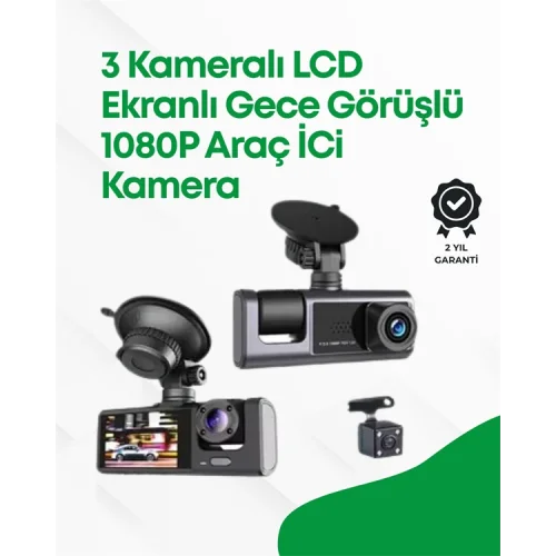 Mey İthalat® 2.0” LCD Ekranlı, Döngüsel Kayıt Özellikli Üç Kameralı Oto Kamera