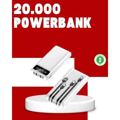 Mey İthalat® 20.000mAh PD Powerbank LED Işık LCD Ekran Dahili Kablo Çoklu Giriş