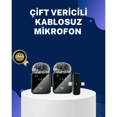 Mey İthalat® 2in1 Kablosuz Yaka Mikrofonu iOS ve Android Uyumlu
