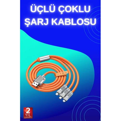 Mey İthalat® 3 İn 1 Süper Hızlı Şarj Kablosu Android ve İOS Uyumlu Silikon Şarj Kablosu