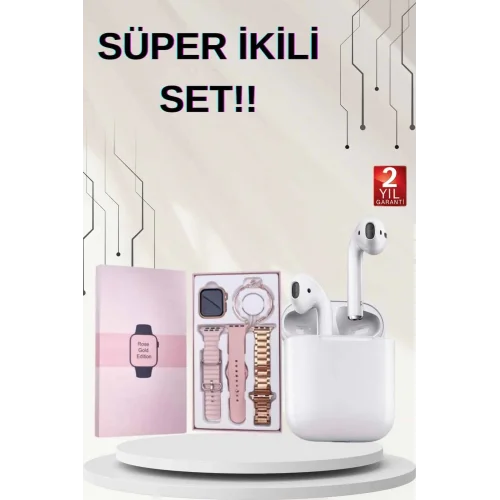 Mey İthalat® 3 Kordonlu Dokunmatik Ekran Akıllı Saat ve 2.Nesil Kablosuz Bluetooth Kulaklık ANC/ENC