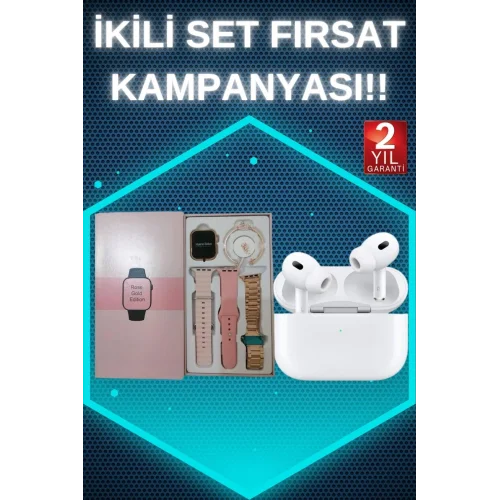 Mey İthalat® 3 Kordonlu Pembe Amoled Ekran Akıllı Saat ve Yeni Nesil Pro Kablosuz Bluetooth Kulaklık ANC/ENC