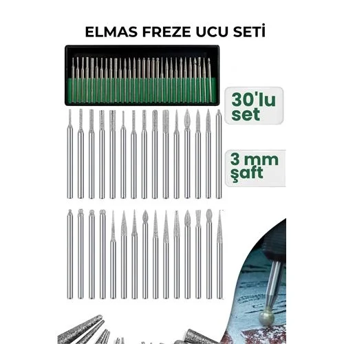 Mey İthalat® 30 Parça Elmas Freze Ucu Seti - 3mm Şaft Profesyonel Gravür, Oyma ve Hassas Taşlama Seti