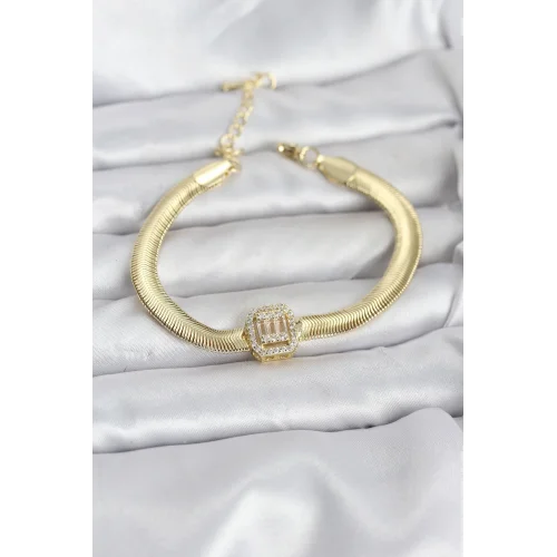Mey İthalat® 316L Çelik Gold Renk Baget Zirkon Taşlı Yılan Zincirli Kadın Bileklik